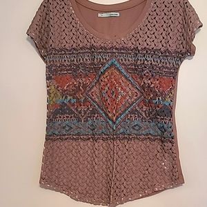Maurices brown aztec crochet look tee top S